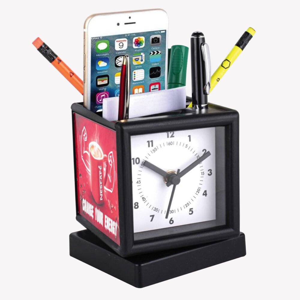 Rotating Clock and Pen Stand With 3 Side Branding Area