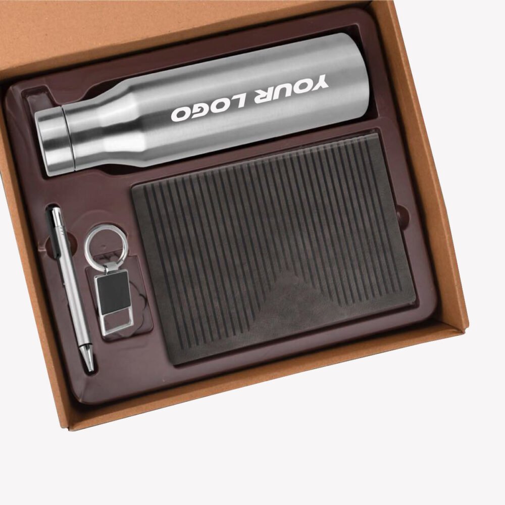 4 in 1 Gift Set with Steel Bottle, Metal Key Chain, Pen and PU Notebook