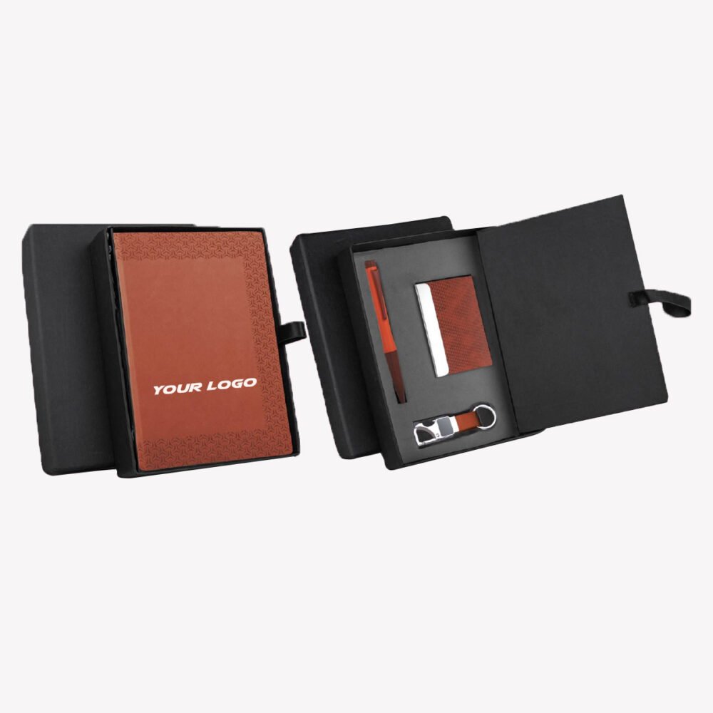 4 Pc Tan Gift Set with A5 Notebook, Metal Pen, Key Chain & Card Holder