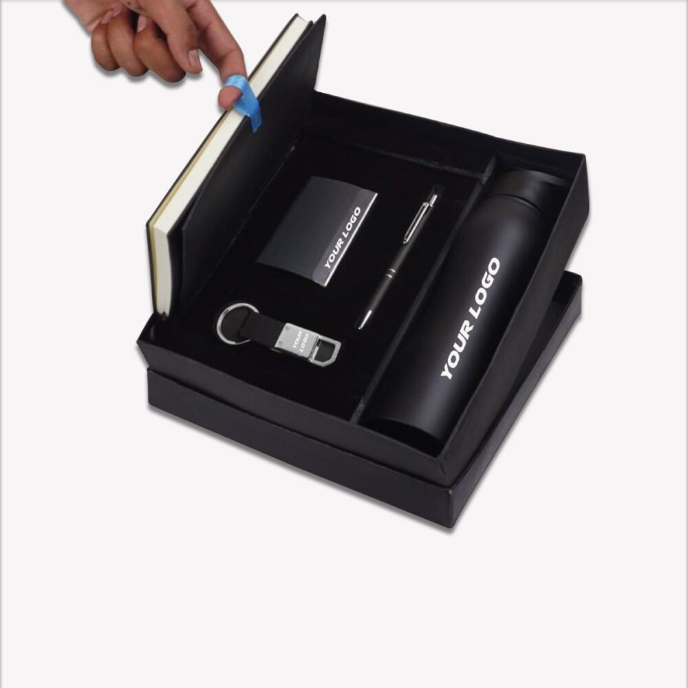 5 in 1 Gift Set with A5 Notebook, Metal Pen, Key Chain, Card Holder and Steel Bottle
