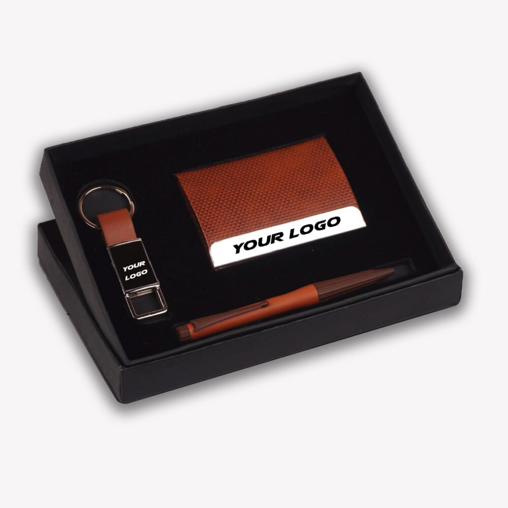 Compact Tan Color 3 in 1 Gift Set with Metal Pen, Key Chain and Card Holder