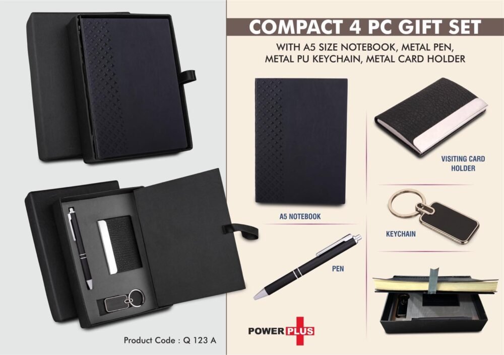 Compact Black Color 4 in 1 Gift Set with A5 Notebook Metal Pen, Key Chain and Card Holder