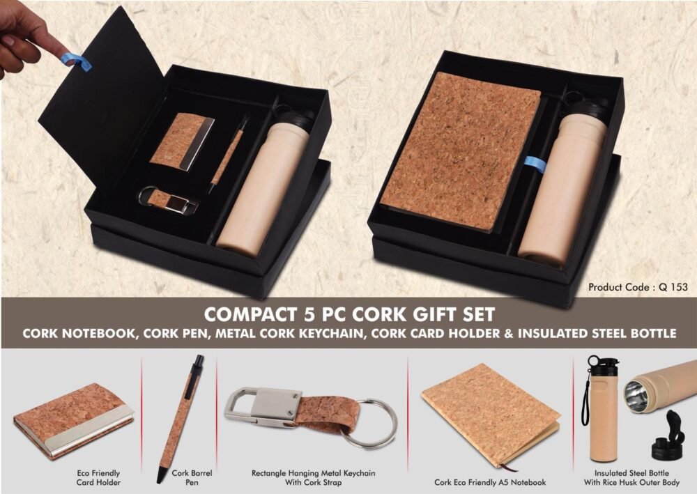 Compact Cork 5 in 1 Gift Set with Insulated Steel Bottle, A5 Notebook Metal Pen, Key Chain and Card Holder