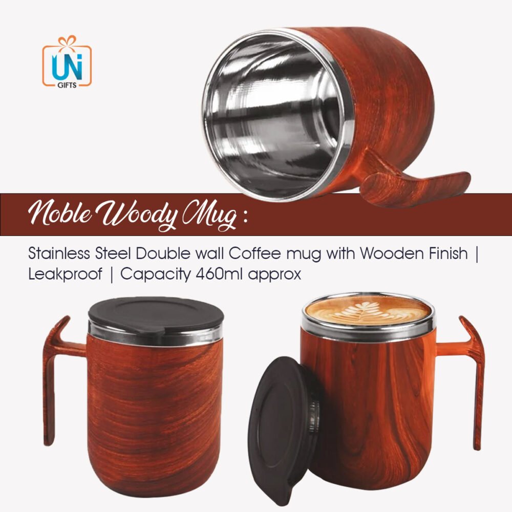 H332 – Noble Woody Mug: Stainless Steel Double wall Coffee mug with Wooden Finish | Leakproof | Capacity 460ml approx