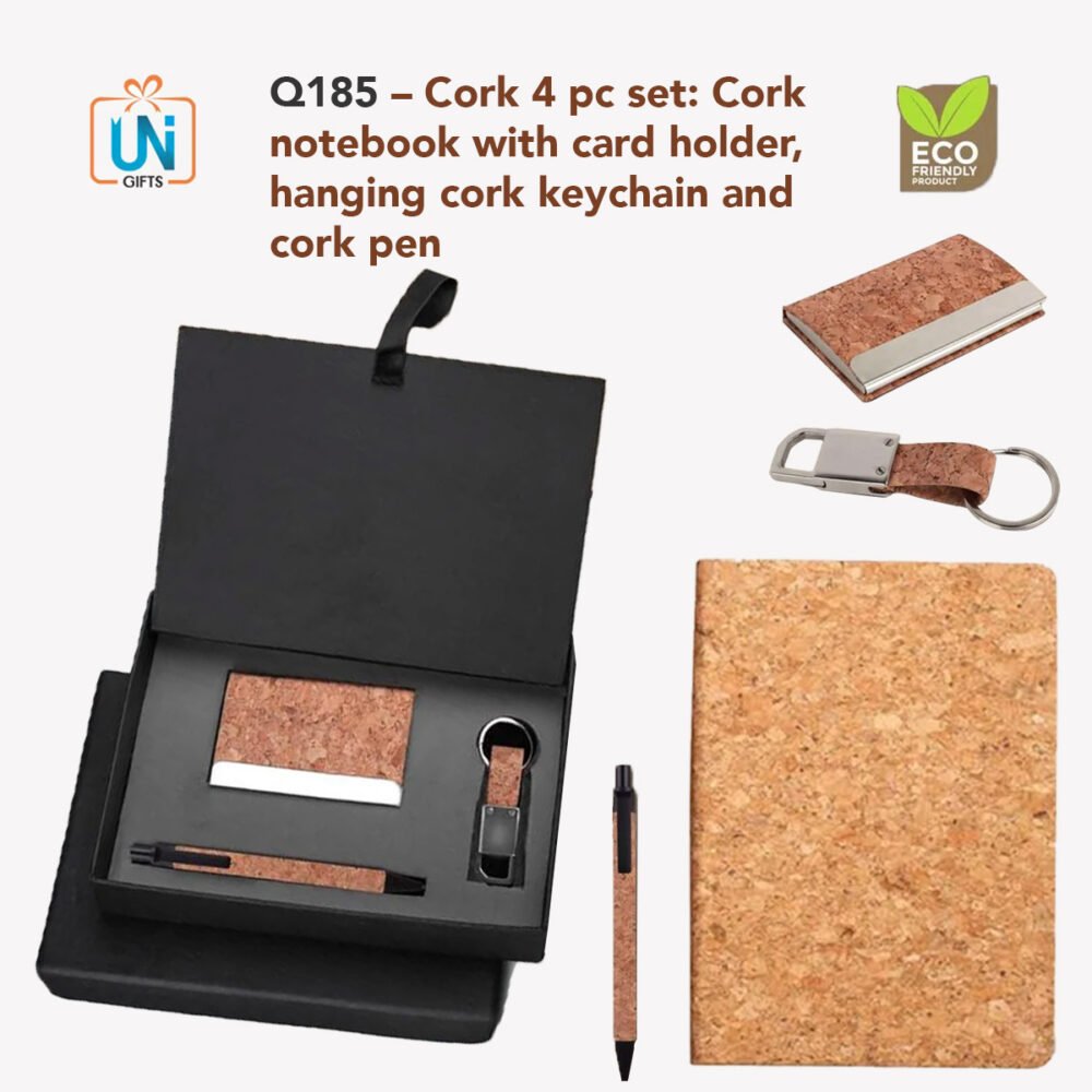 Q185 – Cork 4 pc set: Cork notebook with card holder, hanging cork keychain and cork pen