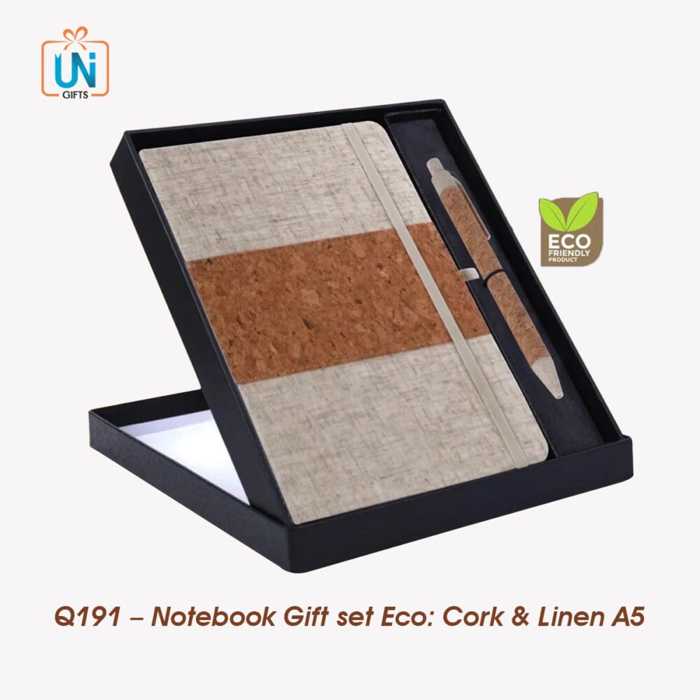 Q191 – Notebook Gift set Eco: Cork & Linen A5 Notebook With Cork Bamboo Fiber Pen