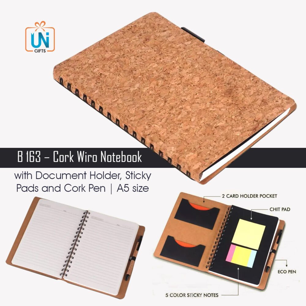 B163 – Cork Wiro notebook with Document Holder, Sticky pads and Cork Pen | A5 size