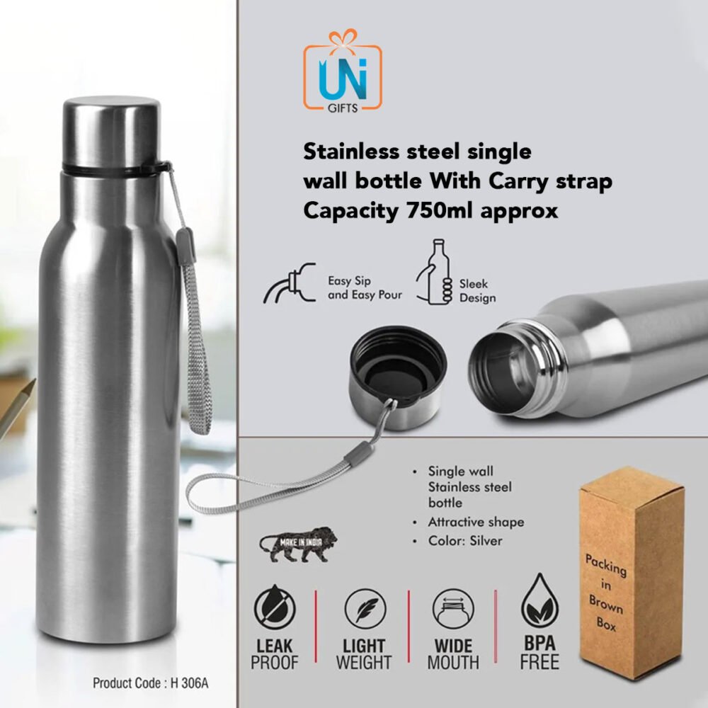 Bolt 750: Stainless steel single wall bottle | With Carry strap | Capacity 750ml approx