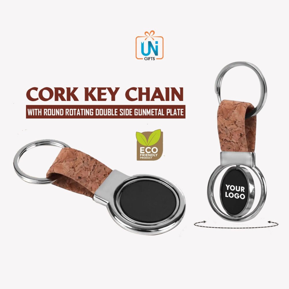 J141 – Cork Key chain with Round Rotating Double side Gunmetal plate