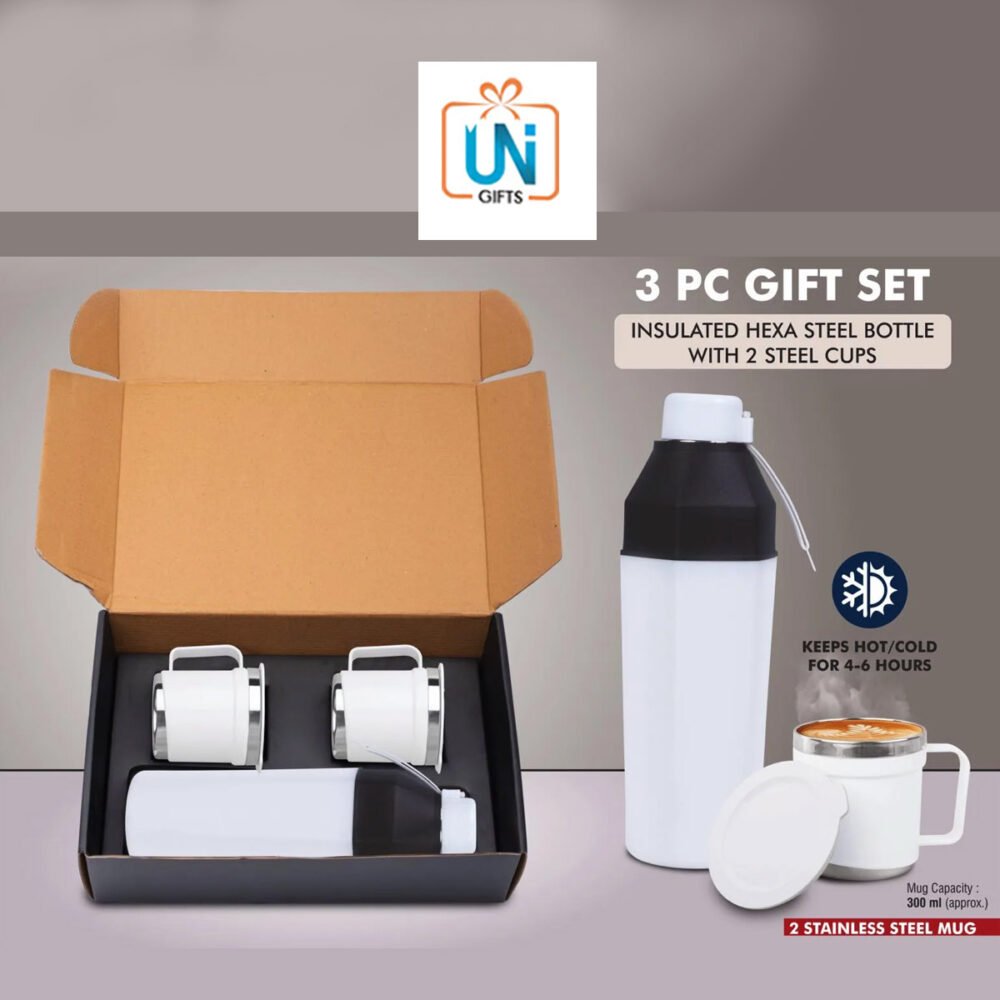 Q180 – 3 pc Gift Set : Insulated Square Steel bottle with 2 Steel cups | Keeps hot for 4-6 hours