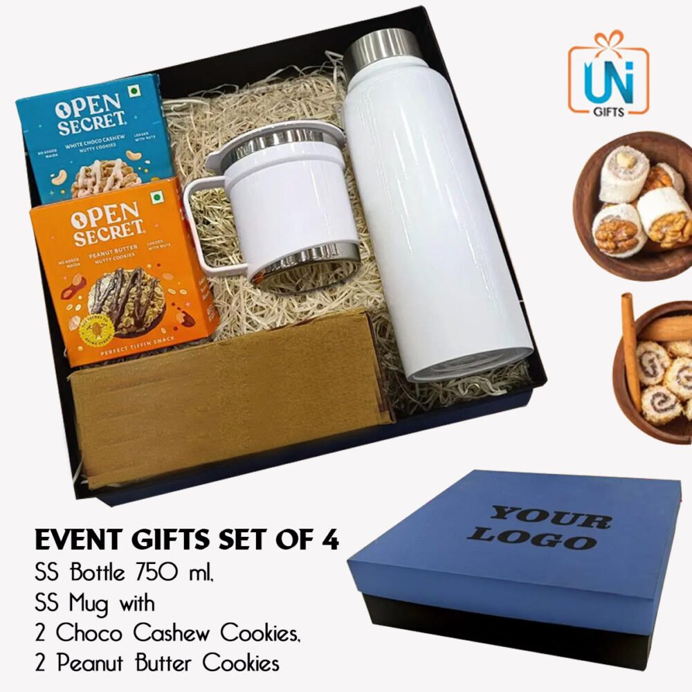 Q184 – Event Gifts Set of 4: SS Bottle 750Ml, SS Mug with Handle, 2 Choco Cashew Cookies, 2 Peanut Butter Cookies