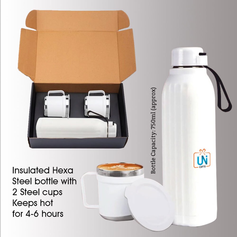 Q179 – 3 pc Gift Set : Insulated Hexa Steel bottle with 2 Steel cups | Keeps hot for 4-6 hours