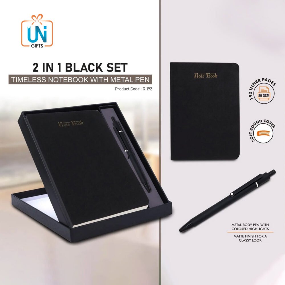 Q192 – 2 in 1 Black Set: Timeless notebook with Metal Pen in Gift Box