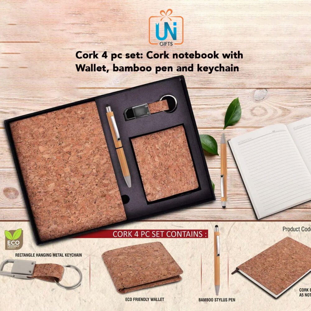 Cork 4 pc set: Cork notebook with Wallet, bamboo pen and keychain