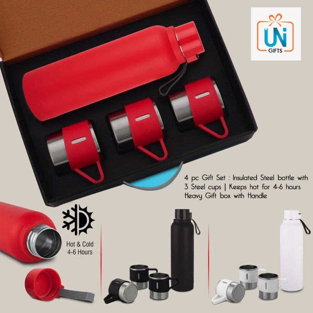 Q77 – 4 pc Gift Set : Insulated Steel bottle with 3 Steel cups | Keeps hot for 4-6 hours | Heavy Gift box with Handle