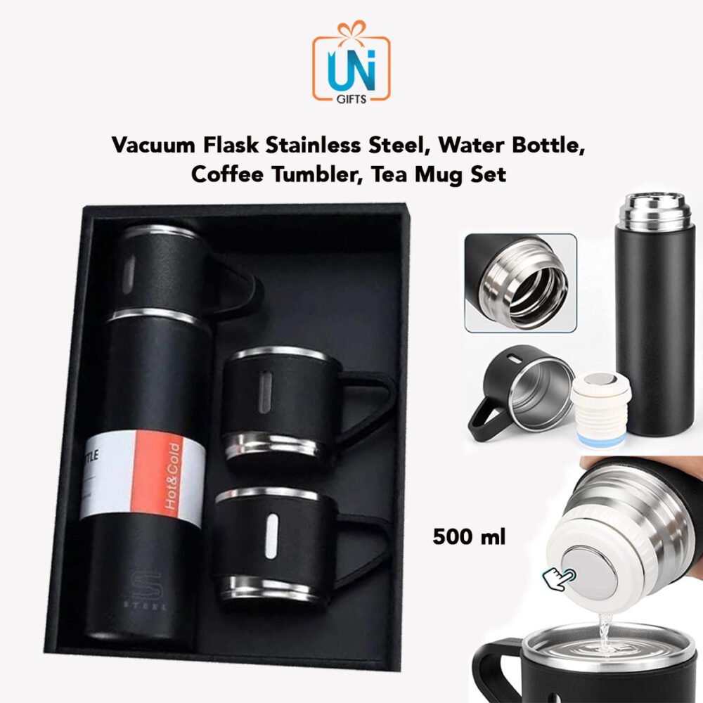 500ML Stainless Steel Vacuum Flask with 2 Cups – Ideal for Coffee, Tea, and Water – Gift Box Included (Blue)