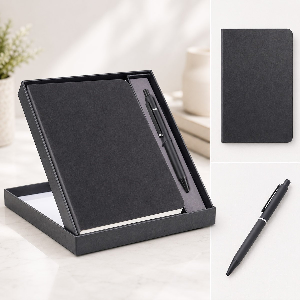 2 in 1 Black Corporate Gift Set: Timeless Notebook with Metal Pen in Folding Cardboard Box
