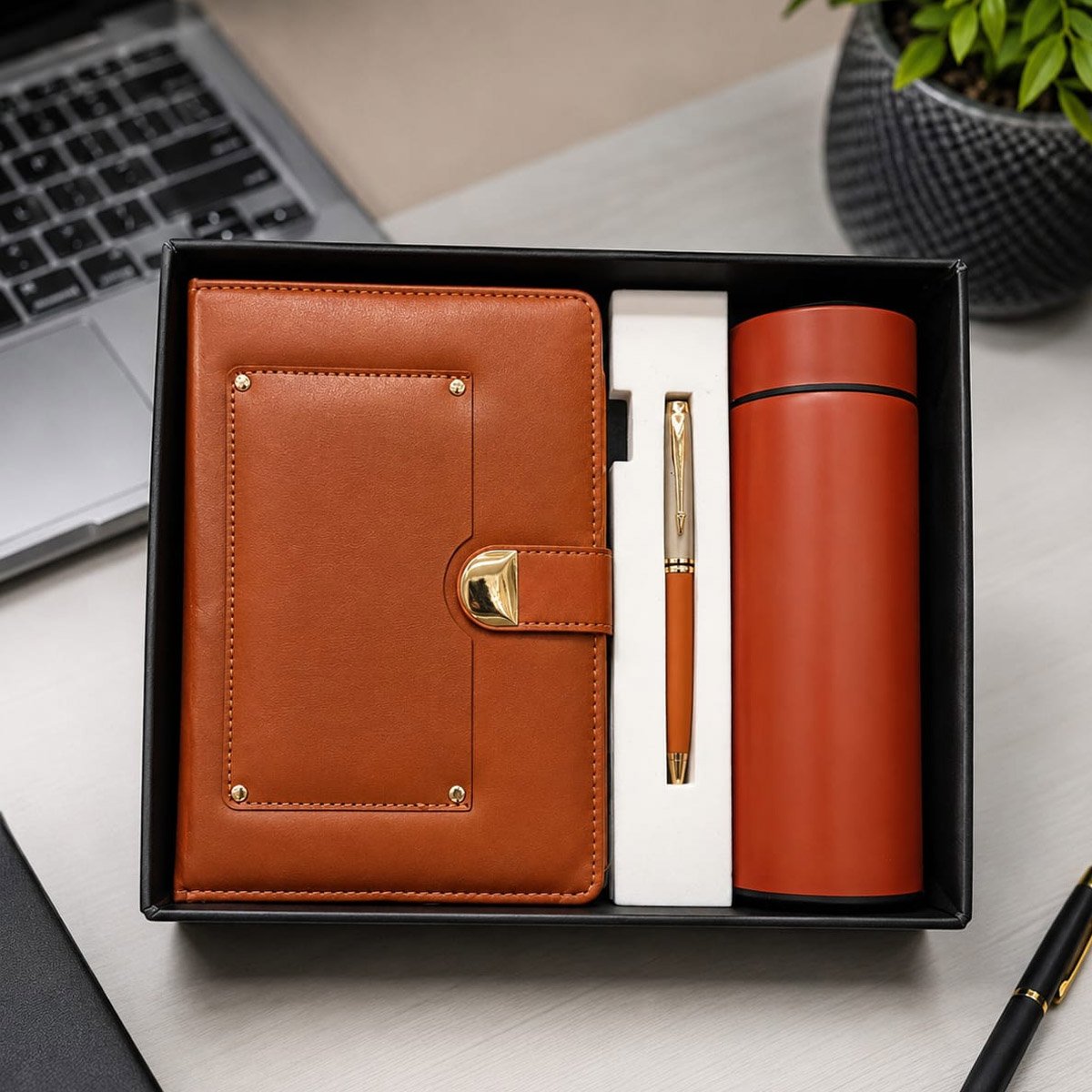 Premium Corporate Gift Set with Notebook, Pen & Vacuum Flask
