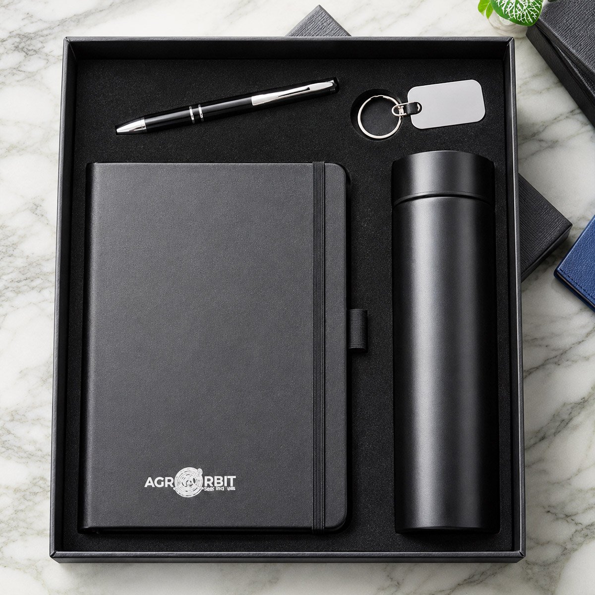 Black 4 in 1 Corporate Gift Set – Notebook, Bottle, Pen & Keychain