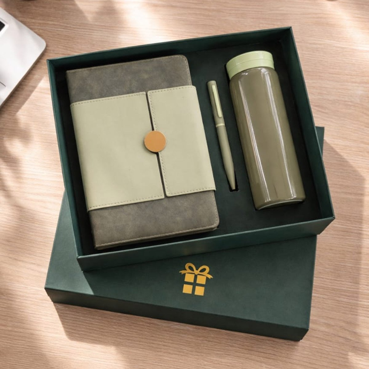 Premium Executive Corporate Gift Set with Leather Notebook, Pen & Bottle