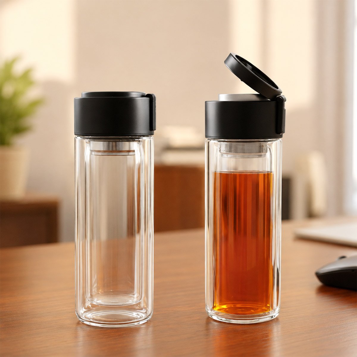 ClearSip Fold: Double Wall Borosilicate Bottle with SS Infuser Net – Premium Corporate Gift