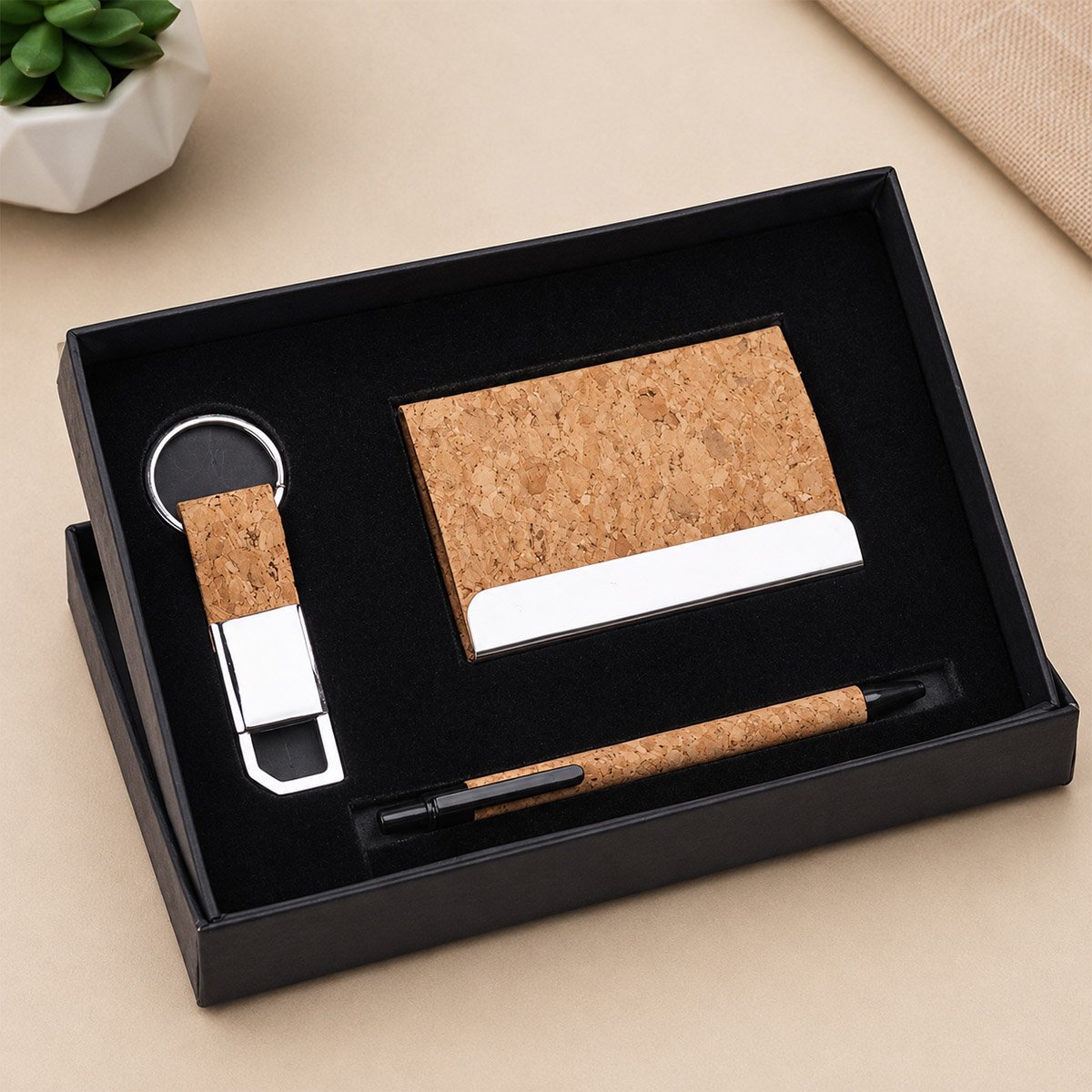 Compact 3 Pc Cork Corporate Gift Set: Cork Pen, Metal Cork Keychain & Cork Card Holder