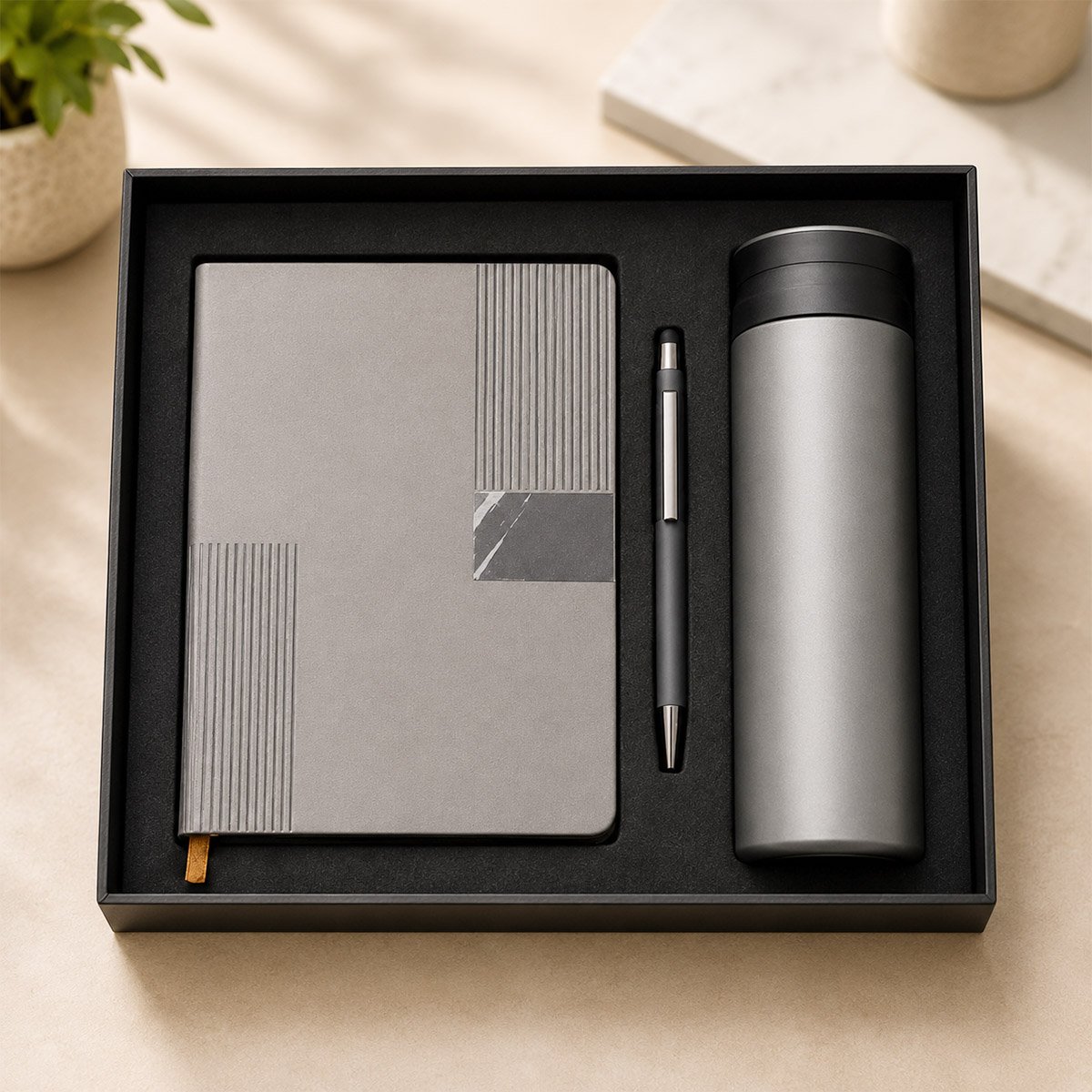 3-in-1 Premium Corporate Gift Box with Notebook, Metal Pen, Bottle