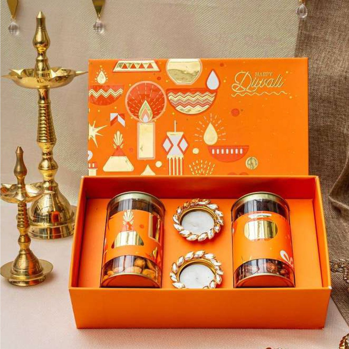 Customized Premium Dry Fruit Diwali Gift Box with Designer Diyas