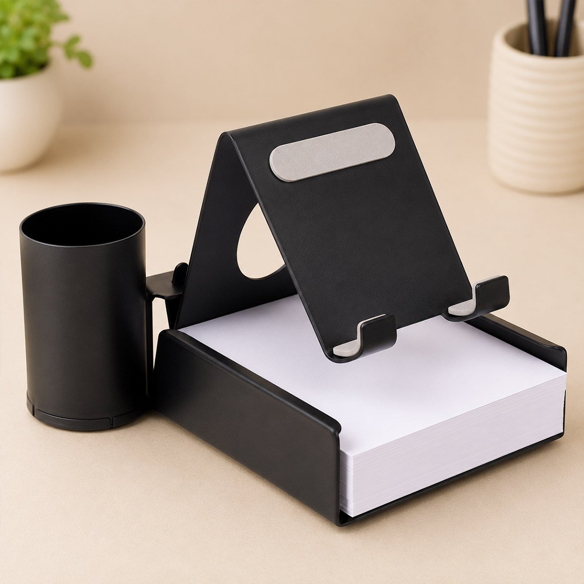 Metal Mobile Stand with Detachable Tumbler and Writing Pad Holder – Mobile Stand for Office