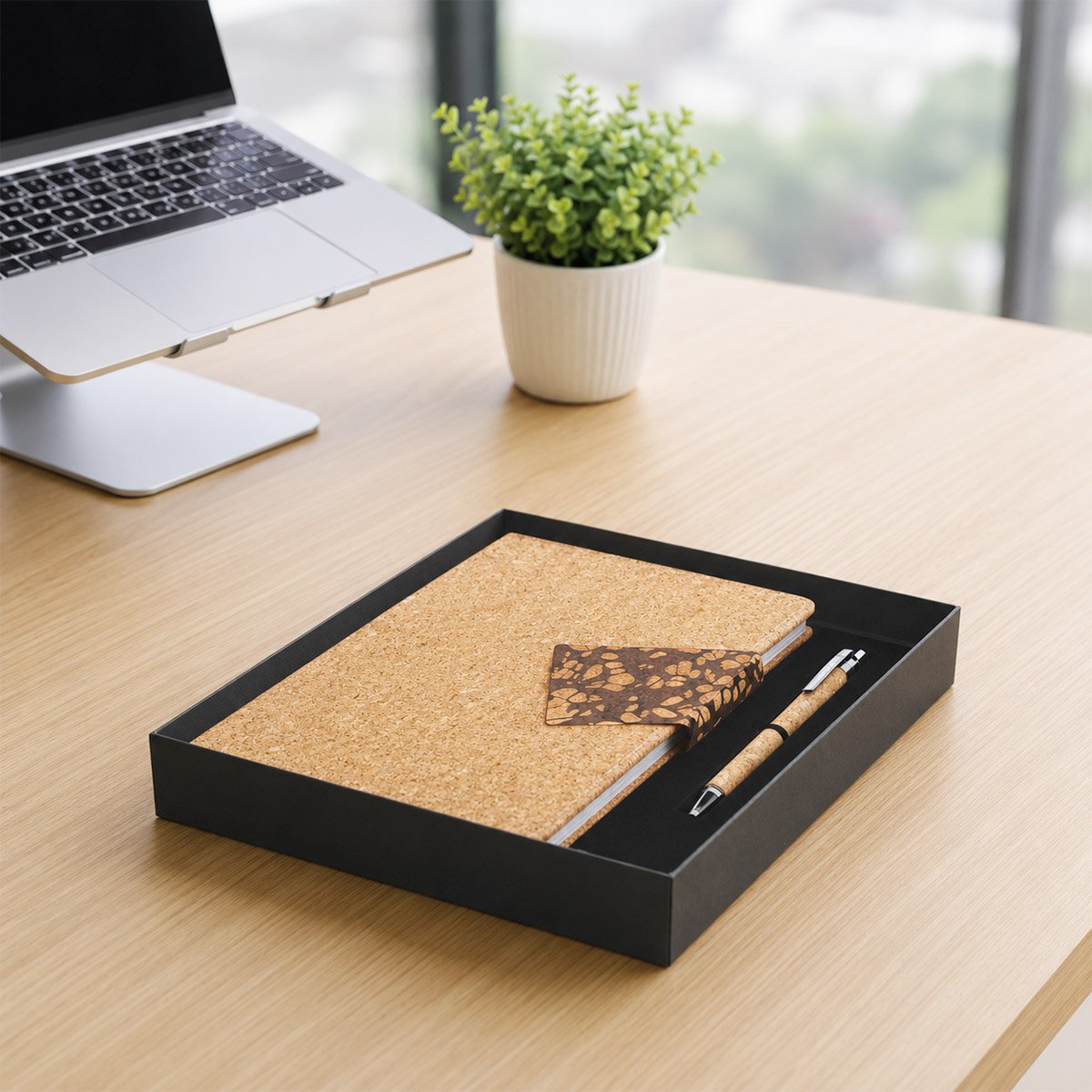 Corporate Gift Notebook Set of 2: Cork Duo Notebook with Magnetic Flap, Cork Pen in Hard Board Box