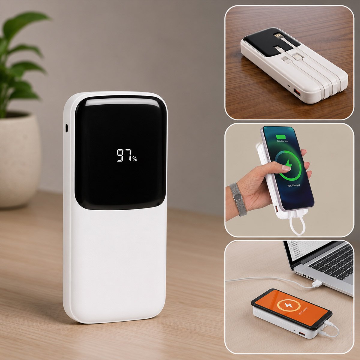 SwiftCharge 10: 10,000 mAh Power Bank with Black Display Panel & Integrated Cables