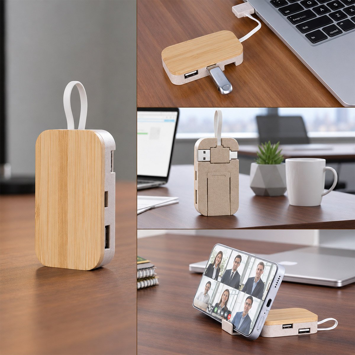 WoodHub: Bamboo USB Hub with Phone Stand | 4 USB Outputs | Corporate Gift