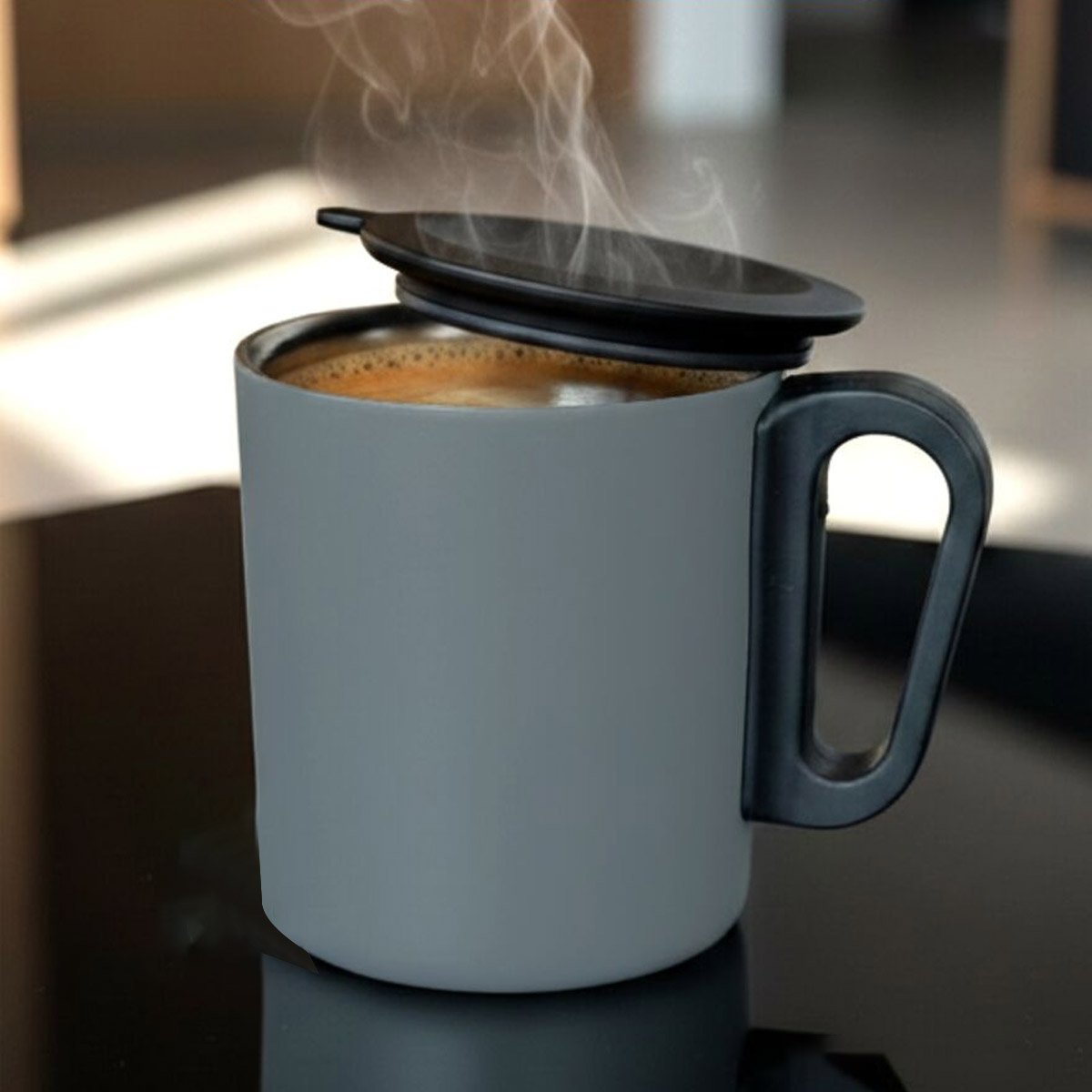 Cafe Serve: Double Wall Insulated Steel Office Coffee Mug with Handle and Lid