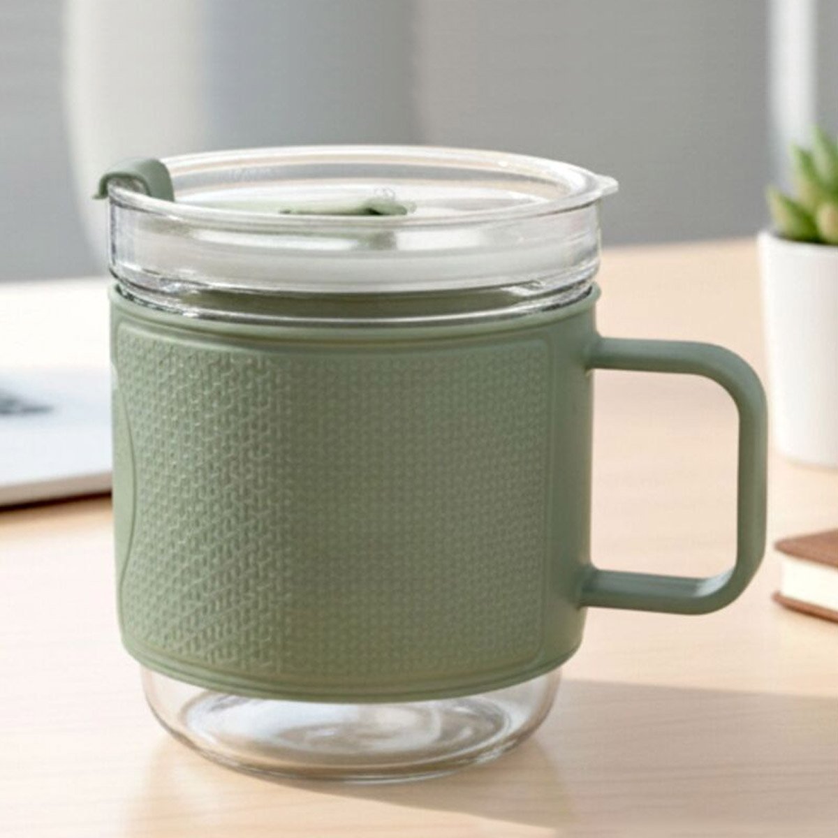 MiniBrew: Mini Glass Office Coffee Mug with Textured Grip Sleeve & Straw-Ready Lid
