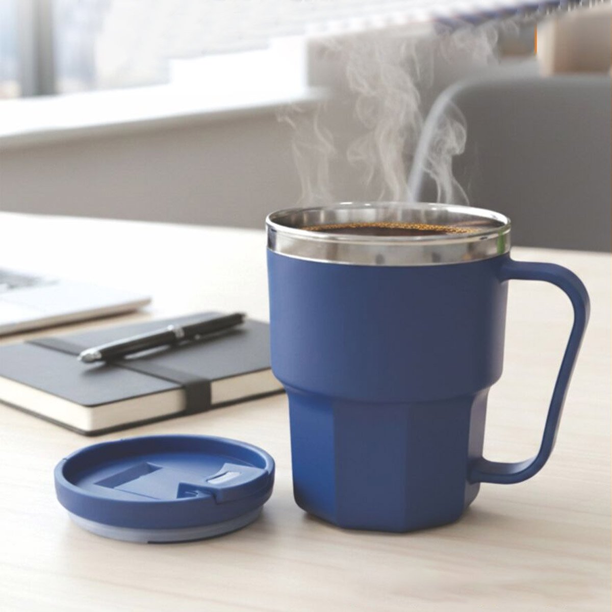 Stainless Steel Double Wall Office Coffee Mug with Unique Ridge Base